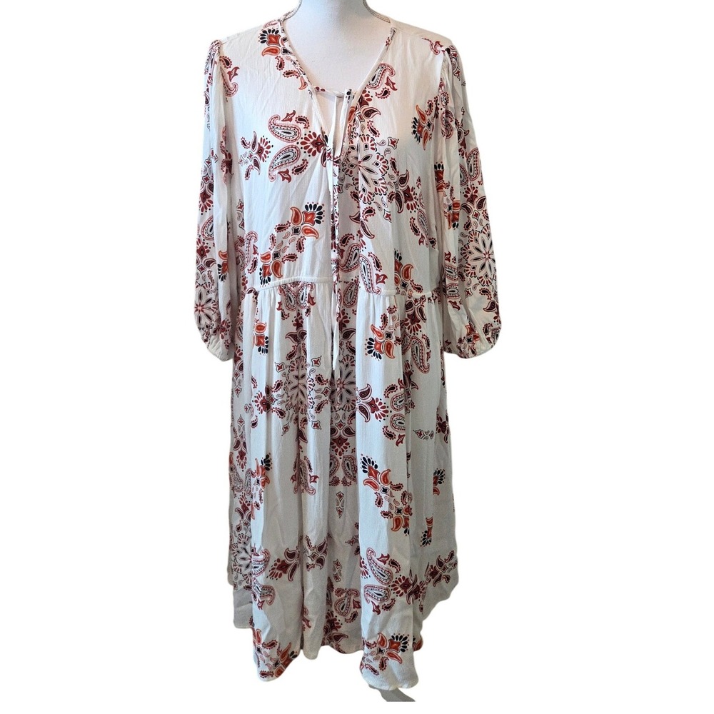 Torrid Womens Plus Size 2 White Paisley Babydoll Midi Dress Long Sleeve Tie Neck